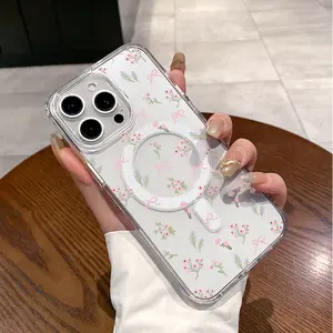 Magnetic Soft Case for iPhone11/12/13/14/15/16/promax, Pink Maiden Flowers MagSafe Compatible, transparent phonecase stuff,Aesthetic Pattern Design,cutephonecases