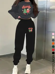 New Creative Simple Letter Christmas Tree Print Sweatshirt Set, Casual Long Sleeve Round Neck Top & Pants, Spring Fall Winter Fashion Women