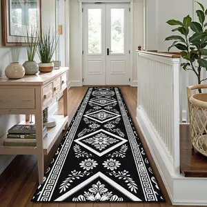Geometric Flower Pattern Entryway Rug, Non-slip Washable Long Strip Carpet, Decorative Floor Mat for Home Living Room Bedroom Kitchen Balcony