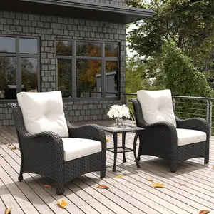 LayinSun 3 Pieces Outdoor Wicker Armchairs with Rattan Coffee Table, Patio Furniture Set with Comfy Cushions for Garden, Backyard, Porch