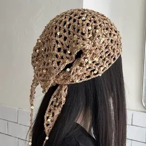 French-style vintage knitted sequin hollow triangle scarf headscarf ethnic style women's travel cute handmade crochet headband