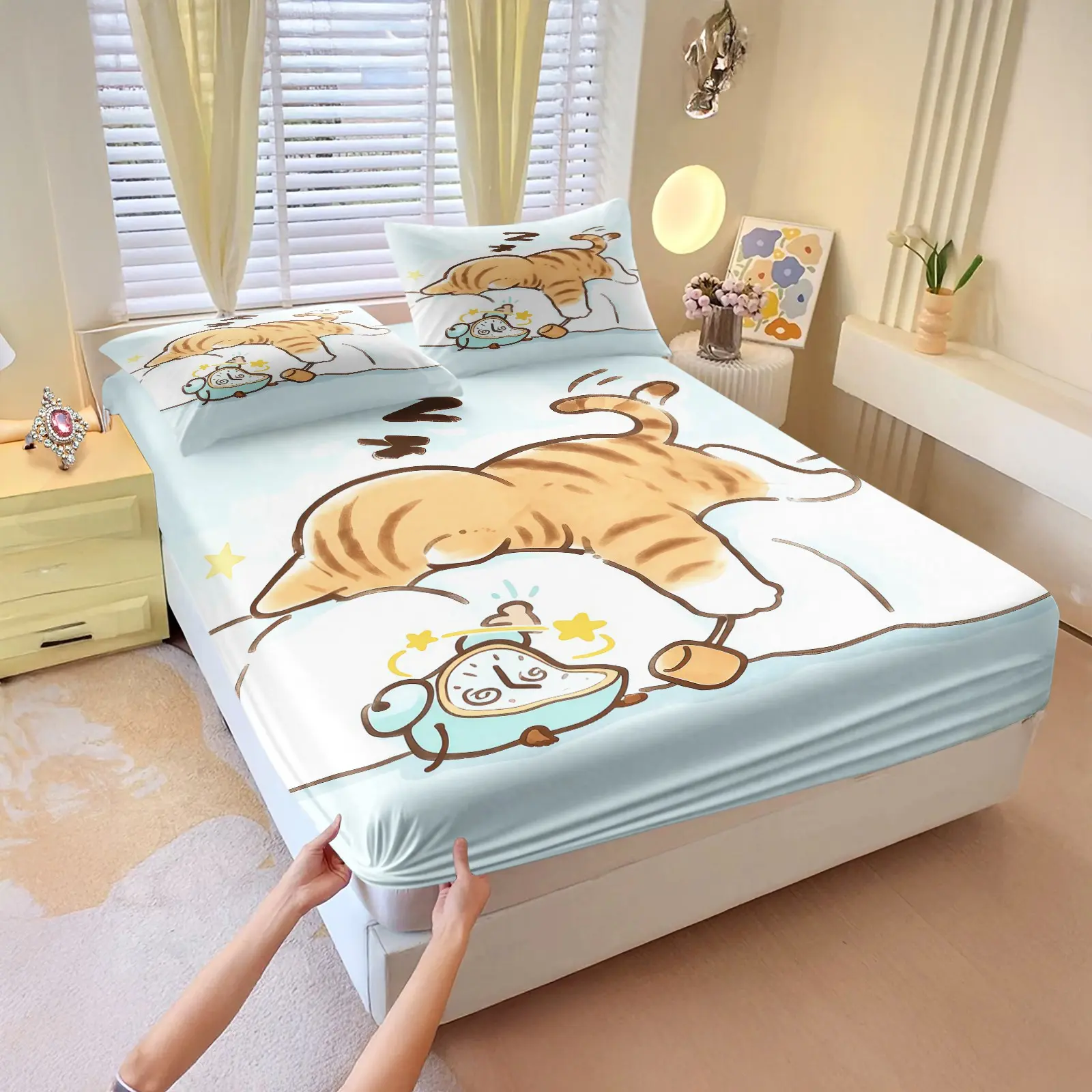 3-Piece Set Of Cute Cat Patterned Bed Sheets, Including 1 Bed Sheet And 2 Pillowcases (Excluding Pillow Core), Comfortable Bedding, Non Slip Suitable For Bedrooms, Suitable For Children And Teenagers As Gifts And Decorations