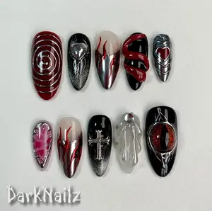 Custom Red Eye Snake Press On Nails, Gothic Punk Rock Cross Nails, Goth Y2K Dark Black Fake Nails Satamiis
