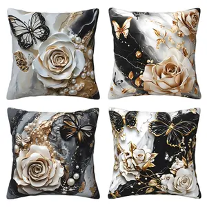 Elegant butterfly rose design pillowcase, modern cushion cover, used for home decoration, 4-piece set with double-sided printing