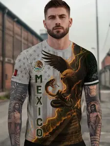 Mexican Aztec Pyramid Graphic T-Shirt, Tribal Heritage Long Sleeve Tee, Fitted Casual Streetwear for Men