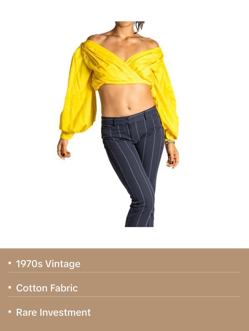 1970S LANVIN Canary Yellow Crisp Cotton Blouse With Full Bare Shoulder Sleeves