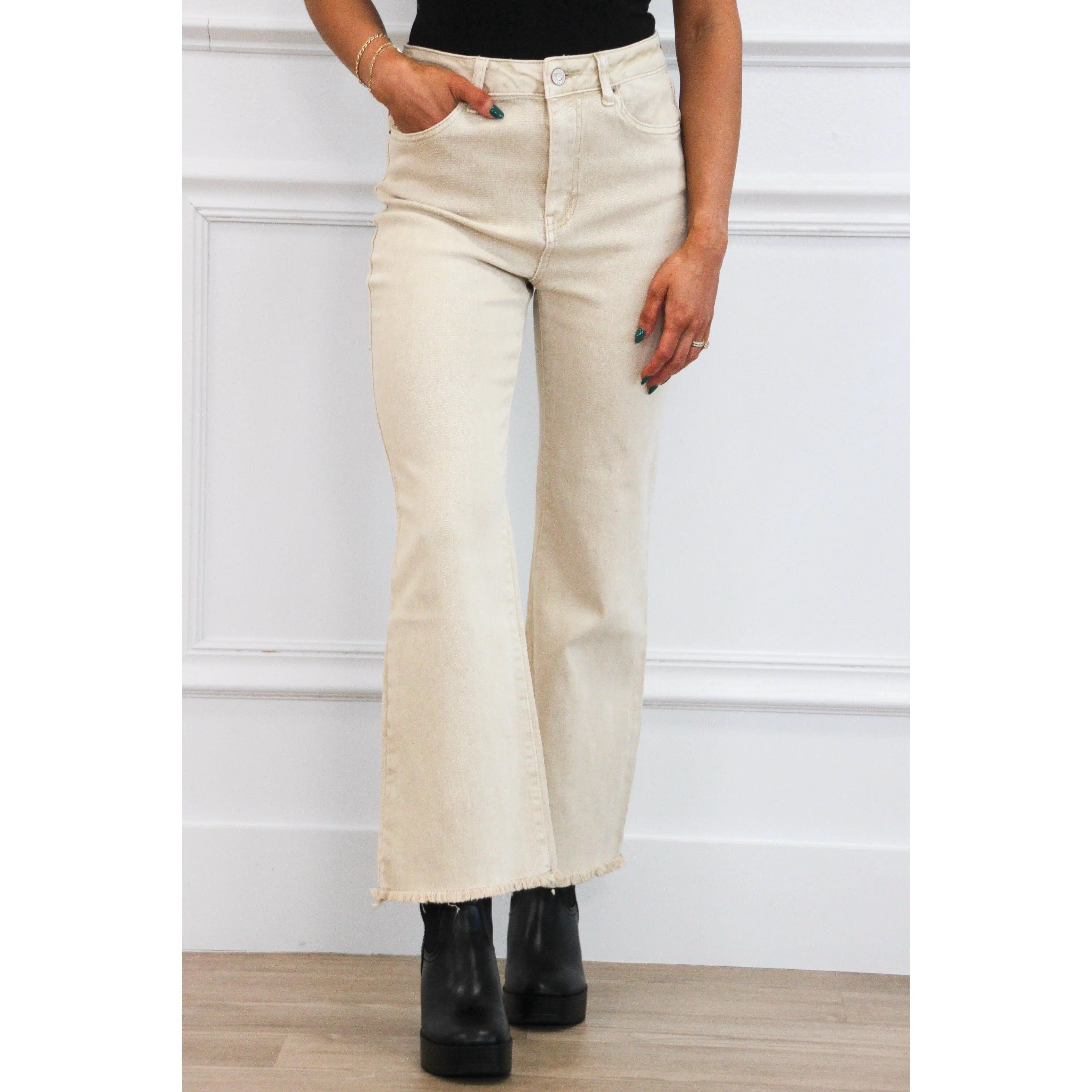 Zuri High Waisted Bootcut Denim: Sand Beige