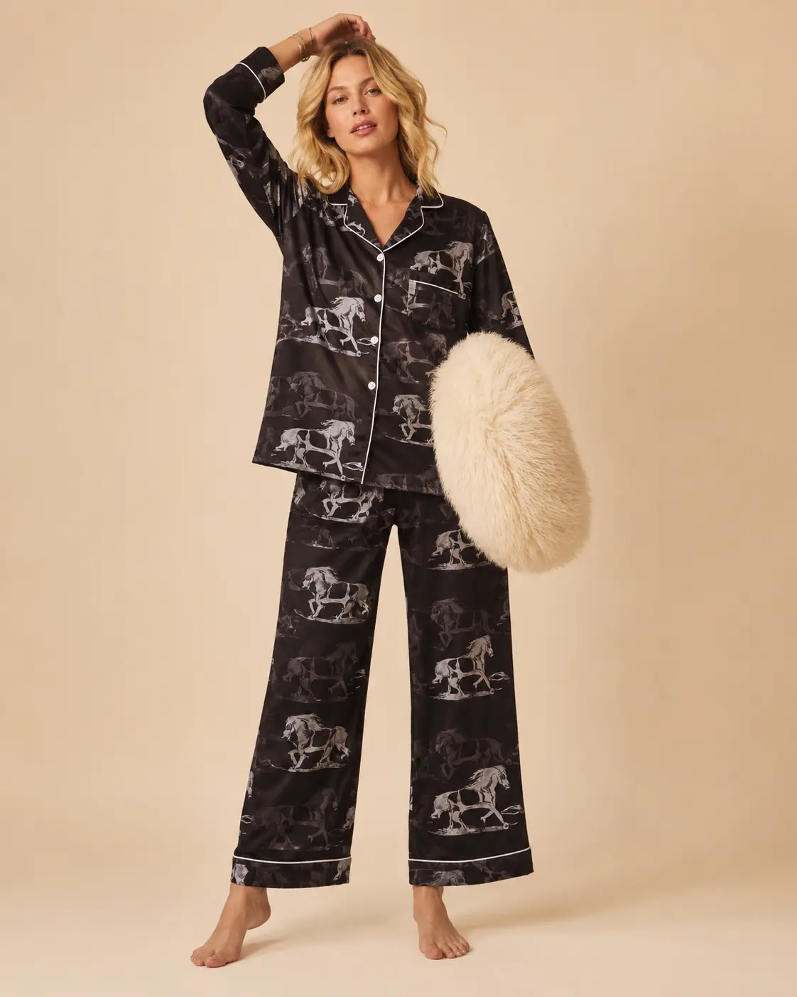 Women's 2-Piece Satin Wild Horse All Over Print Longsleeve Pajama Set - Lightweight Nightwear, Casual Loungewear, Elastic Waist Straight Leg Pants, Button Detailing, Satin Blend, True Size, Machine Washable