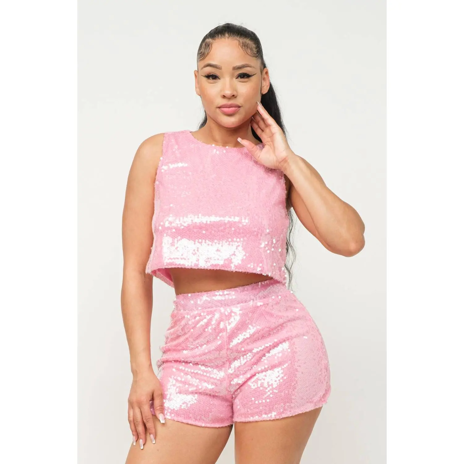 Pretty in Pink Allover Sequin Crop Top and Shorts Set for Night Out Partygoers Dazzling Shine