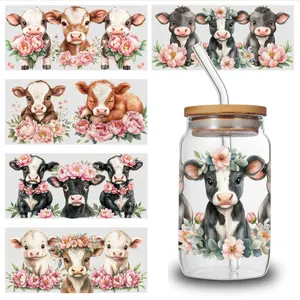 5 Sheets Cow Floral UV DTF Stickers Motivational Art Heart Decoration Home Decor Vinyl Retro Halloween Bat Cup Wraps anti reflective window tint