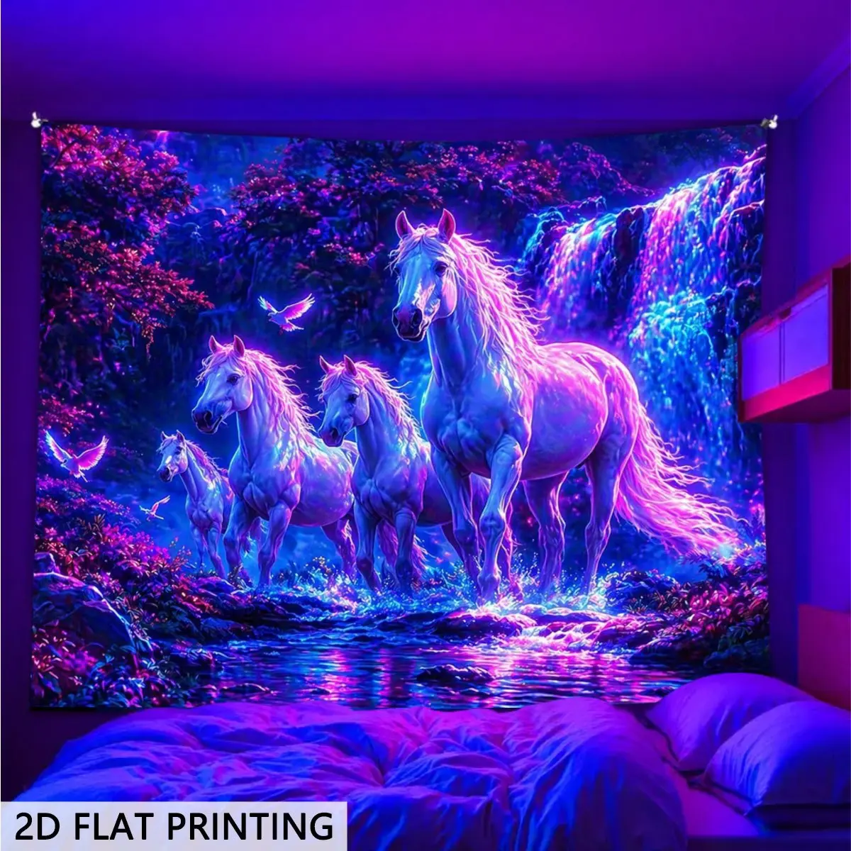 2d Flat - 2d Flat - 2d Flat Blacklight Glow in The Dark Tapestry Neon Horses and Waterfall Fantasy Design Wall Hanging for Bedrooms Living Rooms and Offices. Aesthetic Vaporwave Retro Style Game Room Decor Festive and Party Decor College Dorm Decor