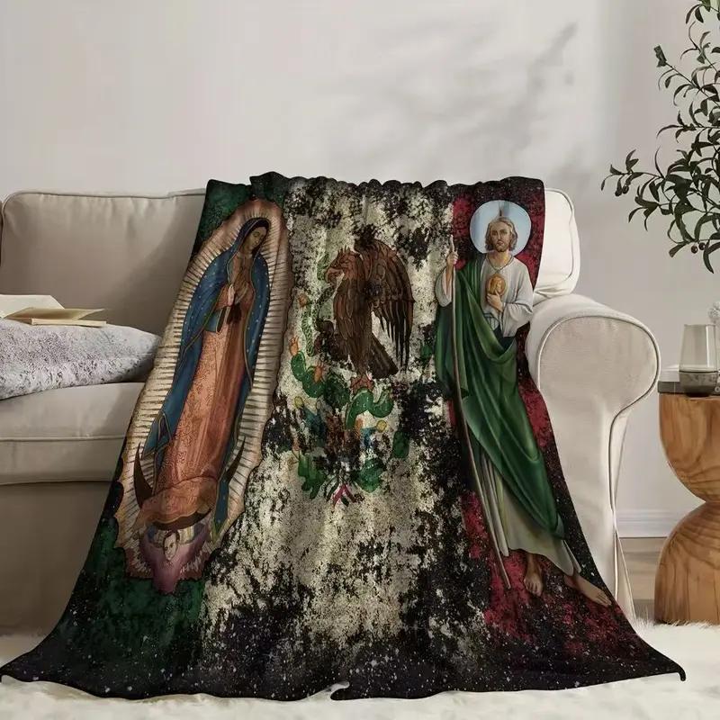 Soft Funny Throw Blanket Mexican Culture Religious Icon Blanket, Vintage Flannel Throw, Warm Cover for Friends and Family, Home Decor, Travel and Camping, Figure Print Blanket, Multifunctional Blanket