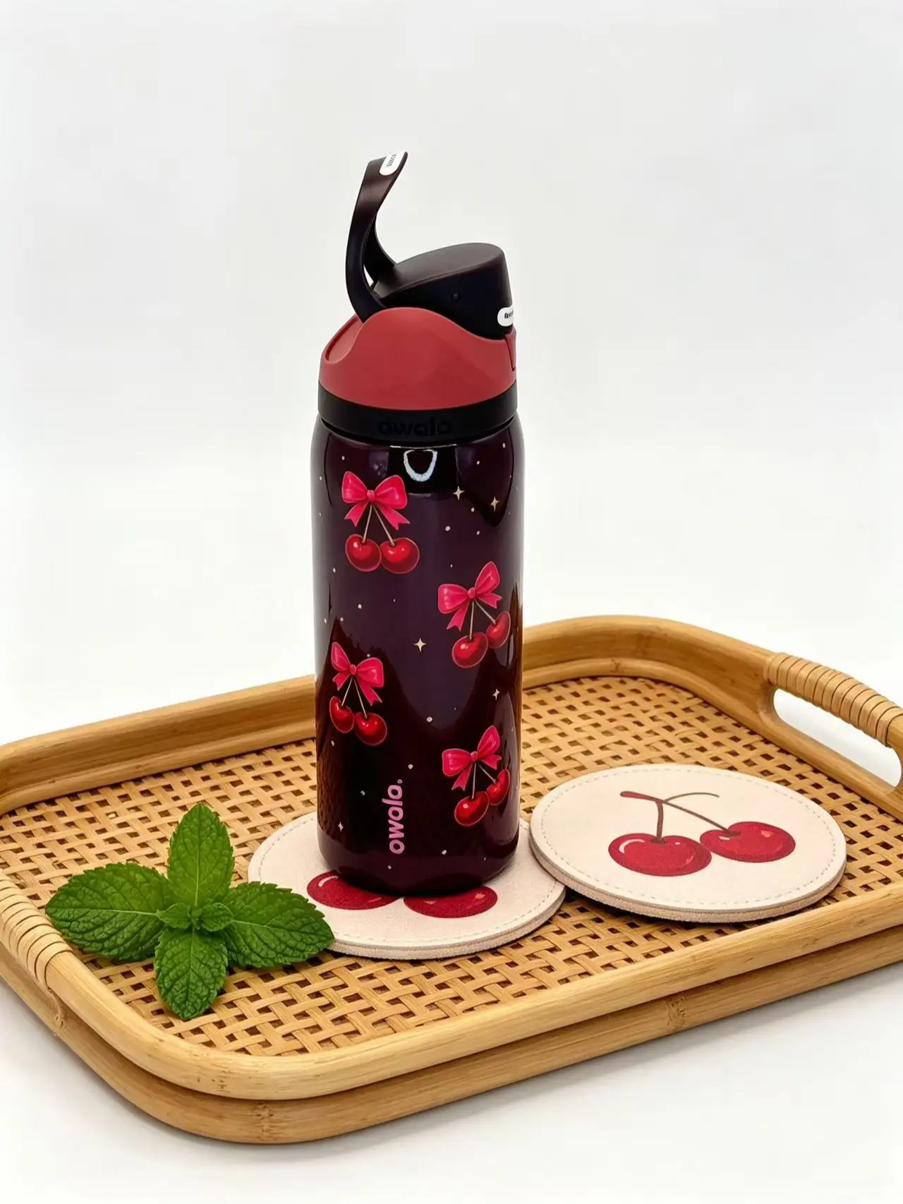 Owala FreeSip Vacuum Insulated Stainless Steel Water Bottle 32 oz Red Cherry Pattern - leak-proof straw lid, portable reusable travel cup, suitable for daily cold drinks (household storage bottle)