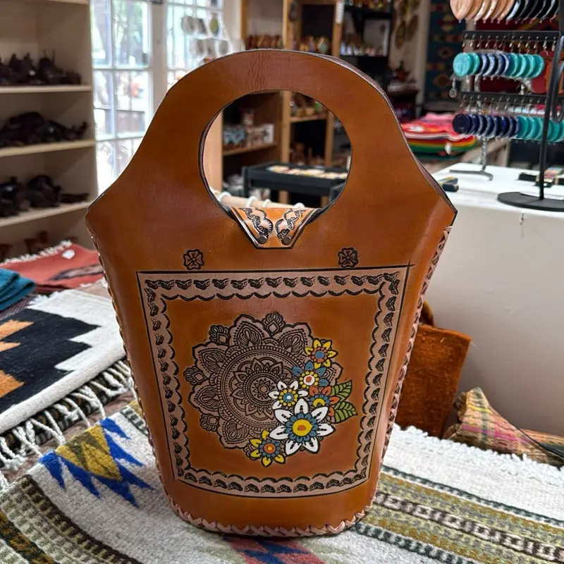 Floral Print Authentic Leather Bag Handmade in Mexico with Traditional Mexican Design and Colorful Floral Motif