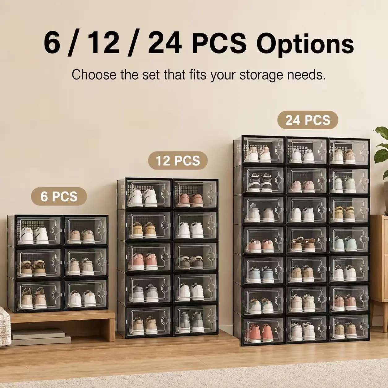 6/12/24-Pack Stackable Clear Shoe Storage Boxes with Front Flip Door, Ventilated Shoe Organizer Bins for Closet, Entryway and Bedroom, Black/White