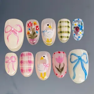 jasonj.nail Cute Duck Bow Press-On Nails, Hand-Painted Goose, Floral & Plaid Details, Soft Pastel Cream Base, Whimsical Cottagecore Aesthetic, Playful Everyday Nail Art, Custom Handmade Set