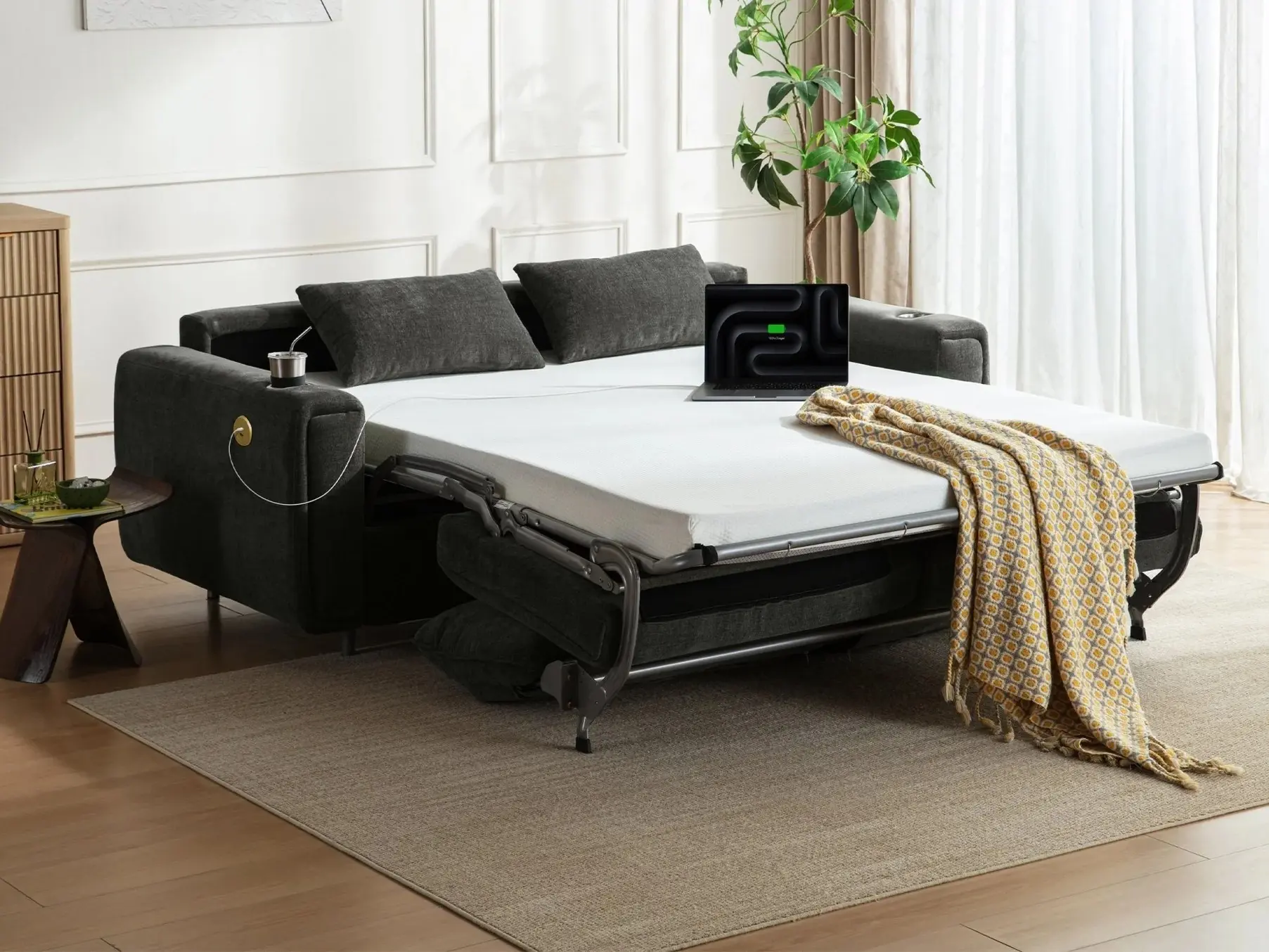 Pull Out Sofa Bed, Queen Sleeper Sofa with USB Fast Charging, Memory Form Mattress, 2-in-1 Convertible Comfy Loveseat Couch Bed for RV, Apartment, and Small Spaces | No Cushion Removal, Industrail-Strength, Fast Charging, Easy-Clean, RGB Strip, Cloud-Soft