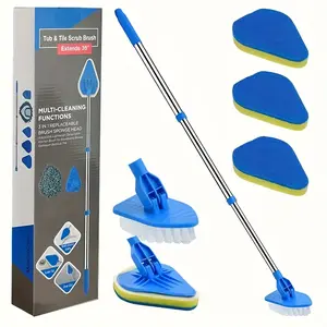 Extendable 2-In-1 Bathroom Cleaning Brush with Stainless Steel Handle, 3 Sponge Heads & 1 Brush Head for Bathtub Floor Pool Cleaners, Bathroom Cleaning Tool