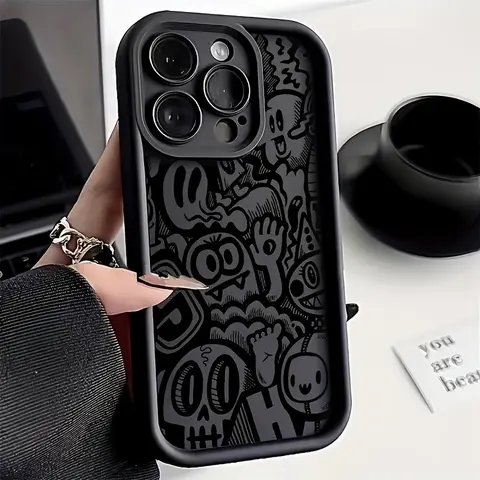 Cool Black Graffiti Customized Smartphone Casing - 1.2mm Shockproof Skinny Soft Silicone Cover, Non-Slip, Handheld-Friendly, Full Camera Protection, Durable Accessory for iPhone 16,15,14 Pro Max,13,12,11,XR,XS Plus Devices, Accessories for Women