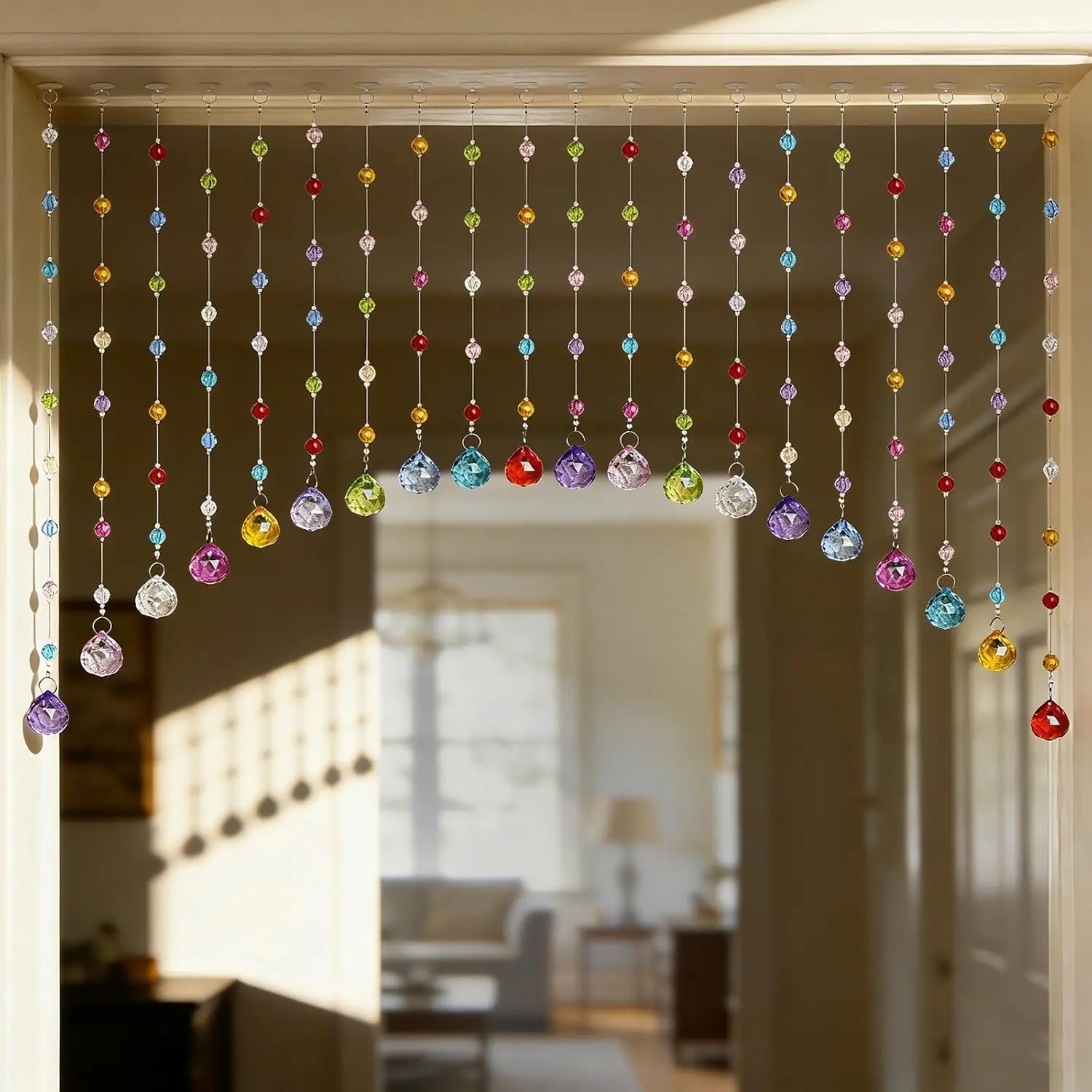 OSVINO Crystal Beaded Curtain for Doorways, 20 Strings Arch Door Beads, Hanging Room Divider Bead Curtains, No Drill Self-Adhesive for Bedroom Window Closet Entryway Home Decor, Rainbow