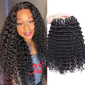15A Deep Wave Bundles Human Hair Extensions 30 32 Inches 100% Unprocessed Human Hair Weft Bundles Natural Curly Remy Hair Weaving Bundles Sew In Deep Curly Hair Bundles Natural Black