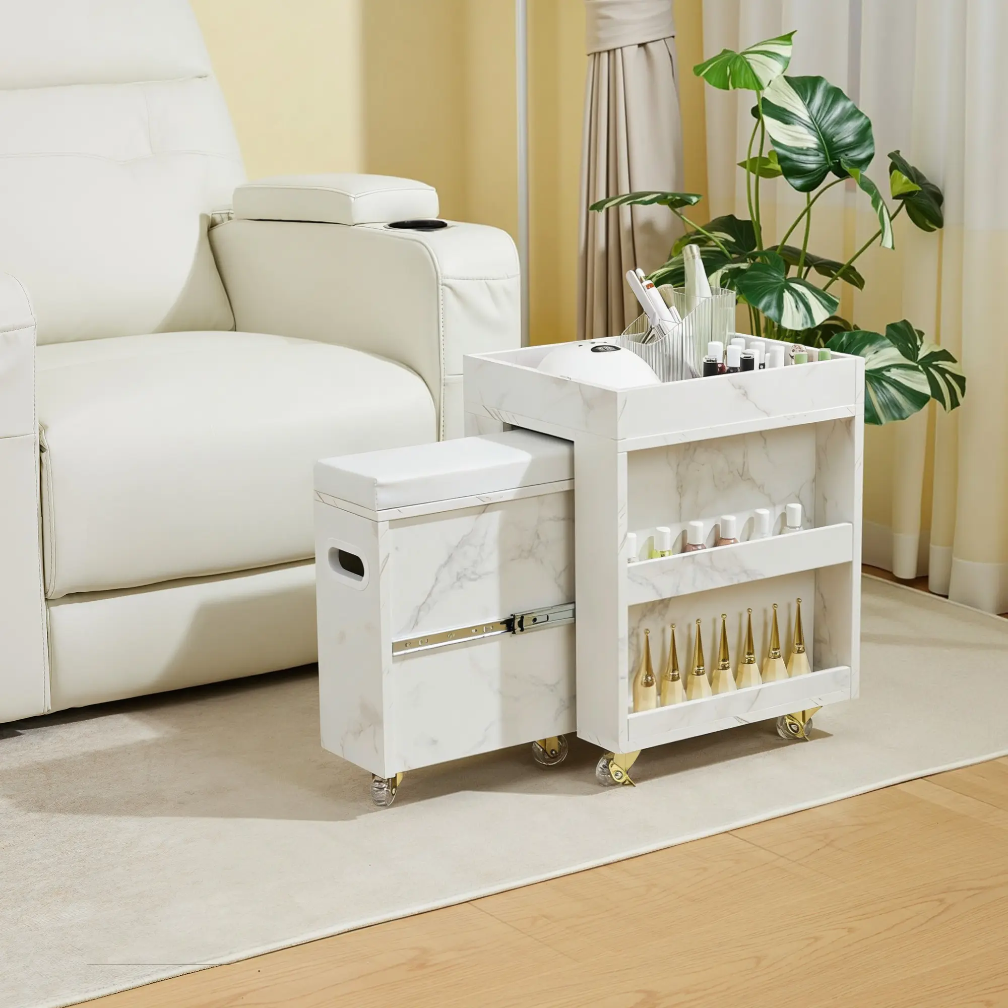 BarberPub Pedicure Cart with Multi-Storage Design, Mobile Nail Trolley with 4 Lockable Wheels for Salon or Home Use 2091