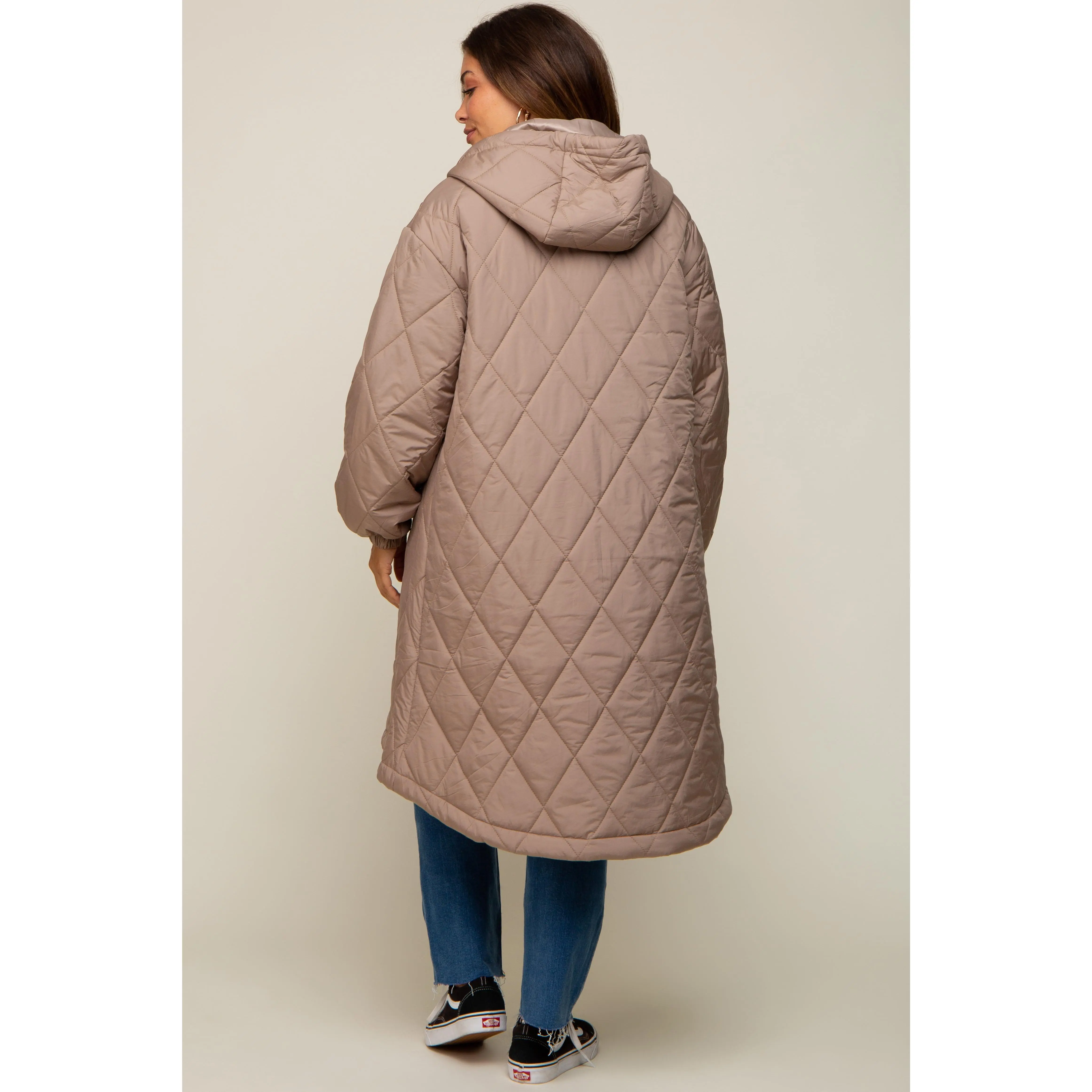 Light Taupe Quilted Long Maternity Puffer Jacket