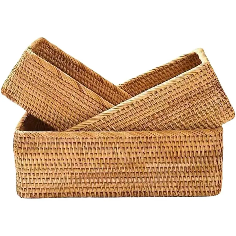 Hand Woven Rattan Wicker Storage Baskets Set of 3 - Warm Tone, Distinct Texture, Artisanal Craft - for Kitchen Counter, Office Organising, Home Decor & Organiser Use