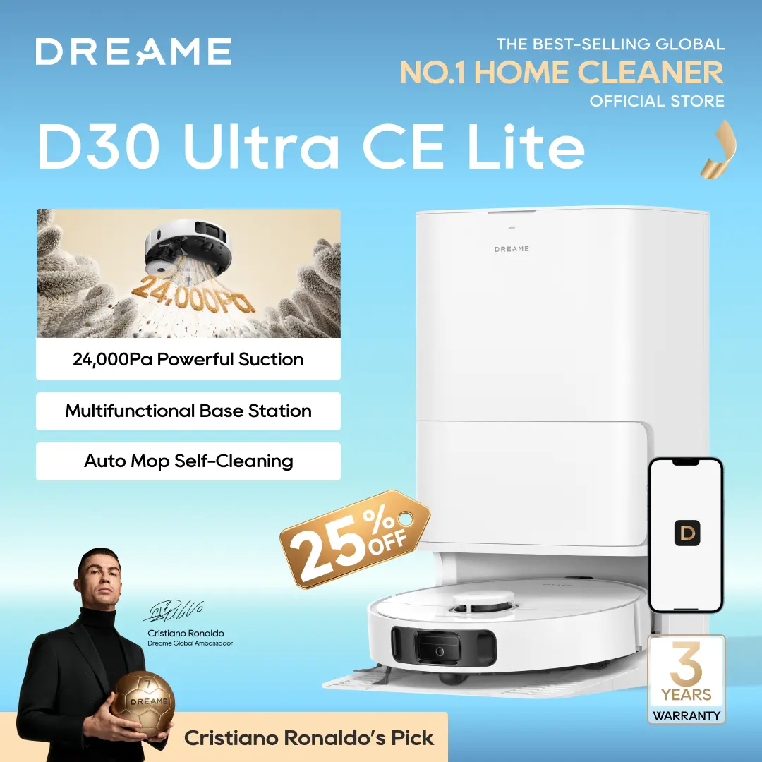 DREAME D30 Ultra CE Lite Robot Vacuum and Mop with Auto Dust Emptying, 25,000Pa Suction, 0.41in Mop Lifting, Multifunctional Base Station, Mop Self-Washing, Smart Obstacle Avoidance, White,