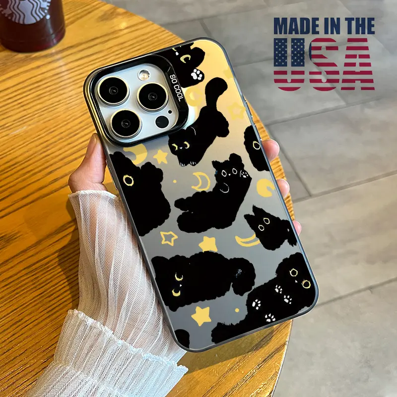 Cute black cat and stars Pattern Phone Case for iPhone 16 15 14 Pro Max 16E 13 12 11 XR XS Plus Shockproof Drop Protection Durable PC Smartphone Cover