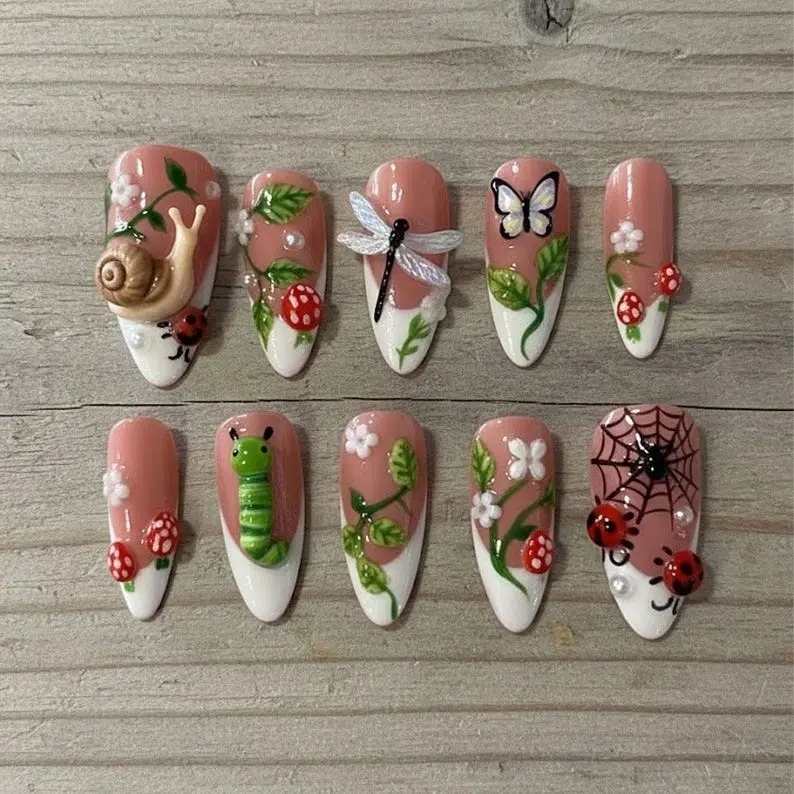 Garden Insects Press On Nails Spring Nails With Snail Dragonfly Ladybug Art Nude Pastel