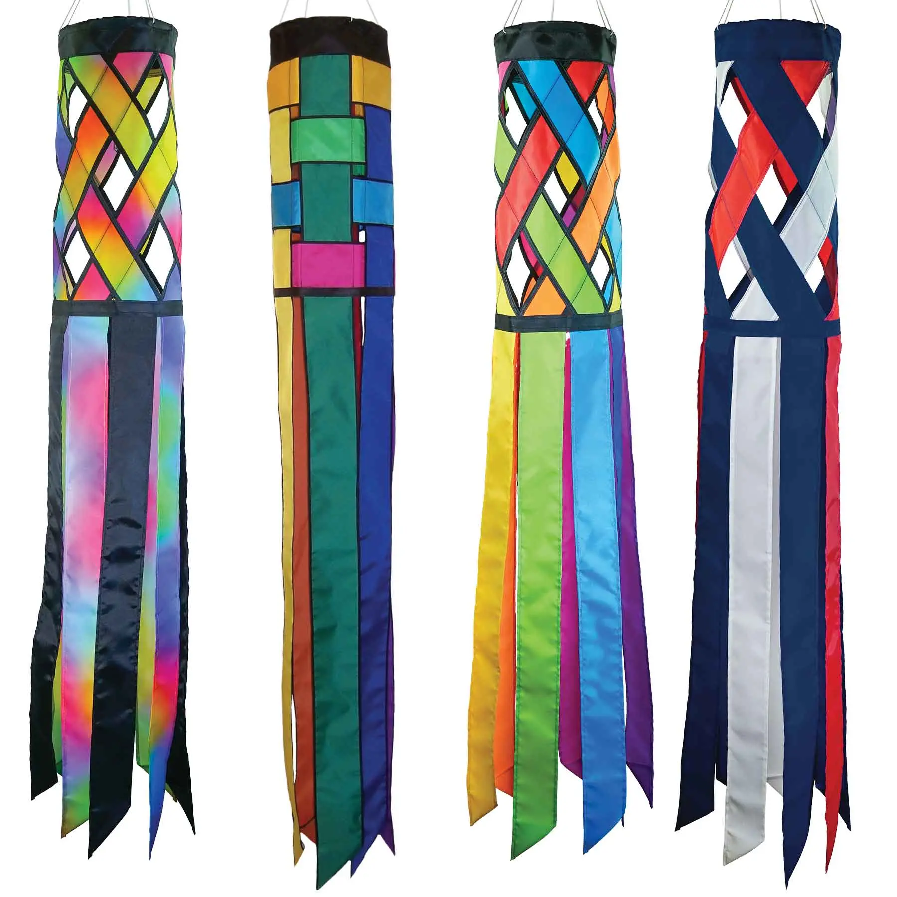 In the Breeze Weave Windsock Diagonal & Horizontal Lattice Windsocks for Yards, Gardens, Patios, Durable Fade Resistant Polyester Fabric with Color Coordinated Tails