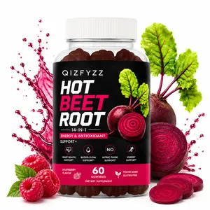 Spicy Beetroot Gummies — 14-in-1 Complex Formula Supplement, Raspberry Flavor, 60 Count. Helps promote blood circulation, balance blood sugar, boost nitric oxide production, and enhance energy levels. Sugar-free, Non-GMO, and Gluten-free.