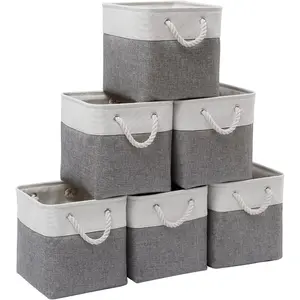 6 Pack 11 Inch Collapsible Fabric Storage Cube Organizer Bins with Handles (White/Gray)