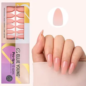 ELLIE YOUNG Pro-Tips Medium Almond Solid Nude Tips, 150pc Press-On Nails Kit – 15 Sizes, Matte Gel Acrylic Look, Soft Gel DIY Extensions