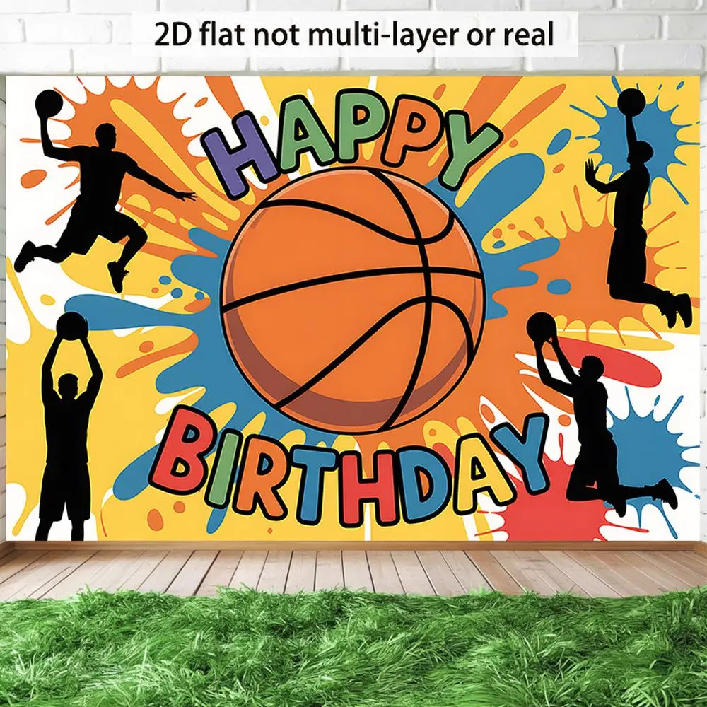 Flat 2D Basketball-Themed Soft Polyester Backdrop Banner, 1pc 90.5x70.8in Multi-Size Ornaments for Happy Birthday, Casual Fun Home & Apartment Decor (Birthday Ideas Festive & Party Supplies)