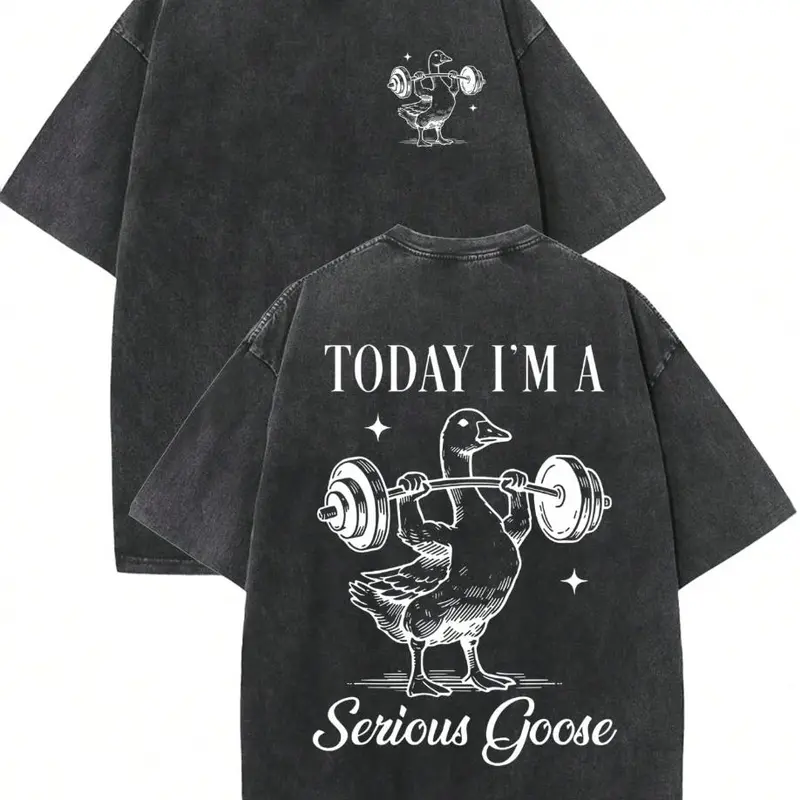 Men's Vintage Washed Black Cotton Crew Neck Graphic Tee - Double-Sided "Today I’m A Serious Goose" Weightlifting Print, Breathable Oversized Workout Streetwear Top (Pairs with Jeans)