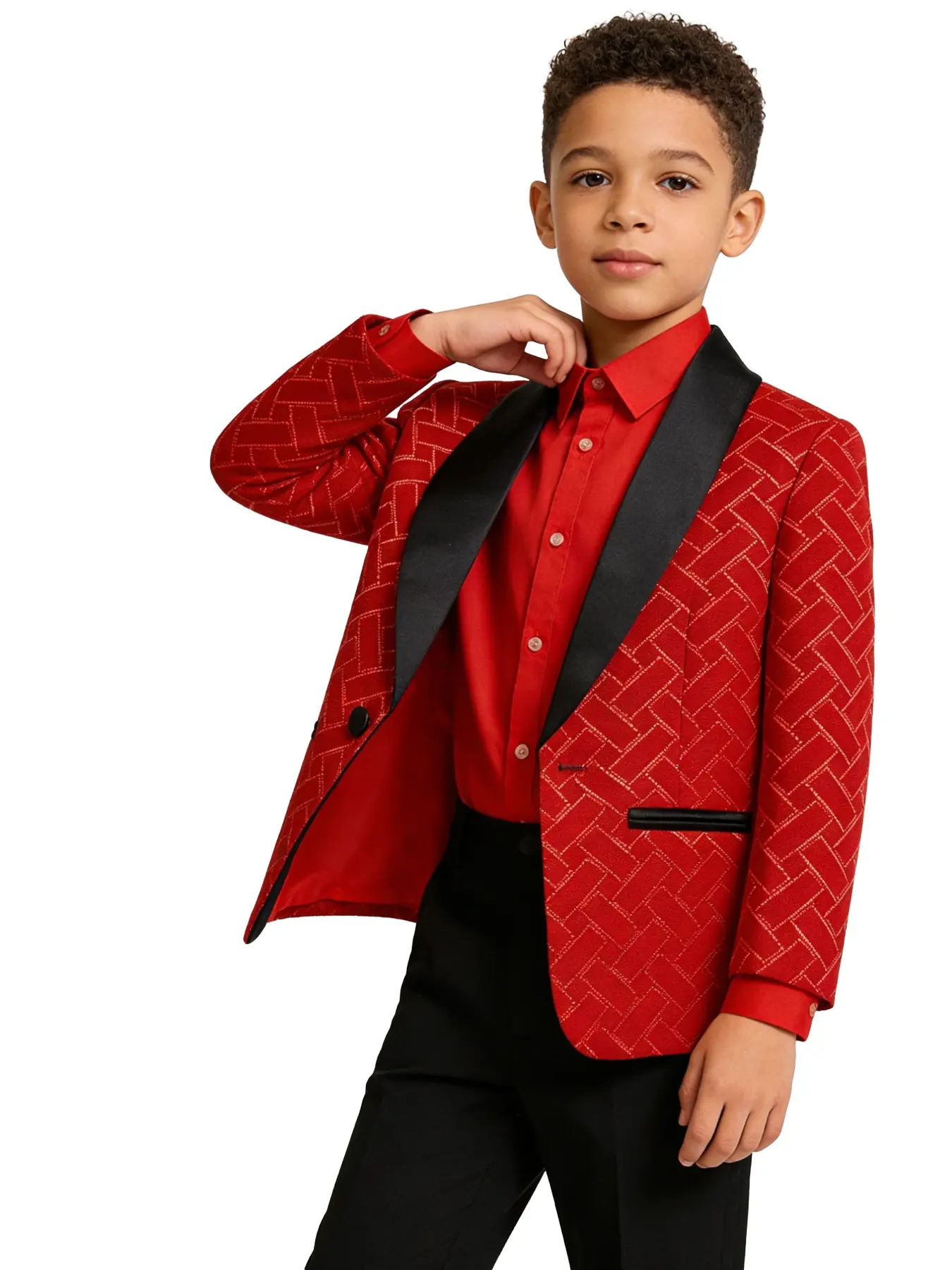 Boys Jacquard Satin Lapel Blazer | Black/Blue/Royal Red | Ideal for Weddings, Graduations & Parties - XT82103