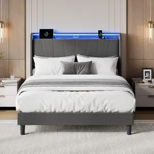 Full upholstered bed frame with storage easily assembly bed frames with charging station without slip without noise and no box spring needed grey Adjustable Headboard