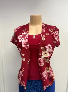 Red Flower Blouse with Floral Pattern and Sparkling Detailing