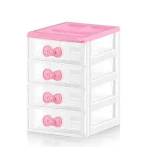 1 piece 4 layer drawer style pink plastic storage cabinet (bow handle) - a cute desktop storage box that can store small items, stationery, and cosmetics. It is an ideal choice for bedroom, dressing table, and office desktop decoration