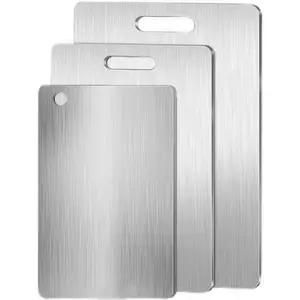 3Pcs Stainless Steel Cutting Board Set Durable Hygienic Easy-to-Clean Chopping Boards for Kitchen with Secure Handle Design Modern Practical Rectangle Shape Silver Color - Knives