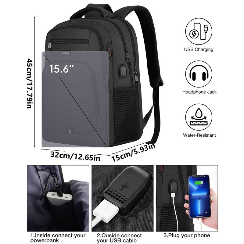 kadilong 15 Inch Large Anti-theft Laptop Backpack with USB Charging Port, Headphone Jack & Password Lock, Water Resistant Backpack for Students, Working Adults, School, Work & Travel