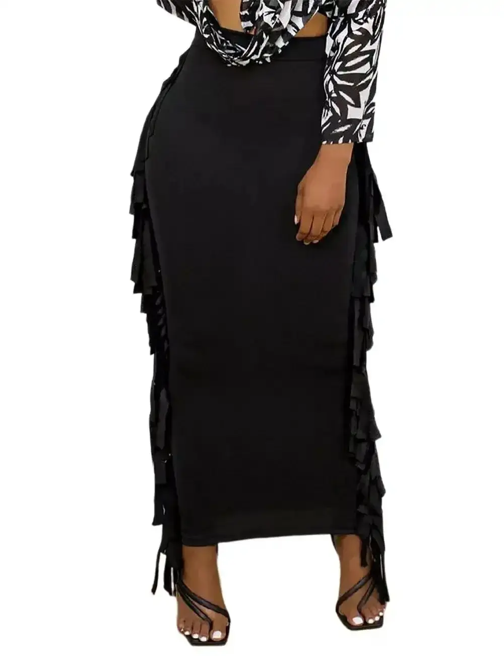 Women's Fringe Maxi Skirt - High Waisted Side Tassel Bodycon Stretchy Black Long for Country Concerts and Music Festivals Edgy Western Gothic Aesthetic Outfit Figure Flattering Going Out Everyday Party Bottoms