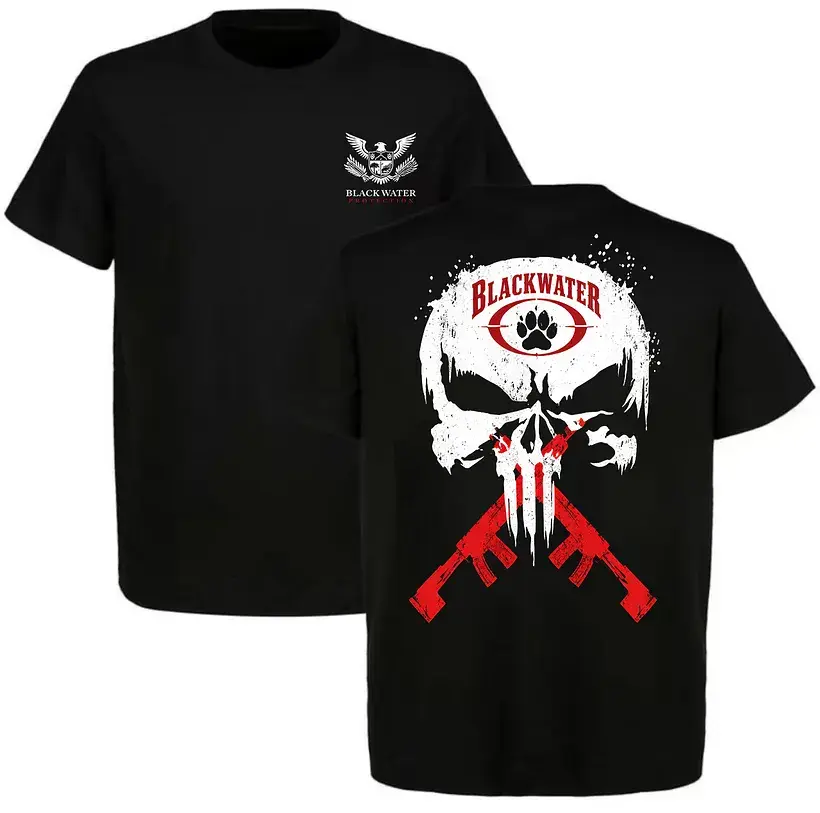 Blackwater Tactical Skull and Crossed Rifles T-Shirt for Men – Military Style Front and Back Graphic Tee, Veteran Security Contractor Apparel, Gift for Tactical Gear Fans
