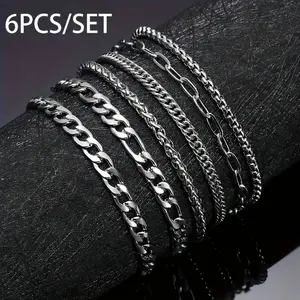 6pcs Men's Simple Plain Stainless Steel Link Chain High Quality Bracelet Set , Casual Fashionable Jewelry for Party, Daily Clothing Decor, Trendy All-match Elegant Jewelry Bracelet for Birthday Gift Couples Gifts, Stackable Bracelets Stack