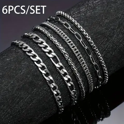 6pcs Men's Simple Plain Stainless Steel Link Chain High Quality Bracelet Set , Casual Fashionable Jewelry for Party, Daily Clothing Decor, Trendy All-match Elegant Jewelry Bracelet for Birthday Gift Couples Gifts, Stackable Bracelets Stack