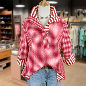 Cherrybetty 100%Cotton Classic Gingham Pattern Striped Collar Three Quater Sleeve Blouse Going Out Tops Summer Tops Plussize Clothes For Women Summer Outfits Women