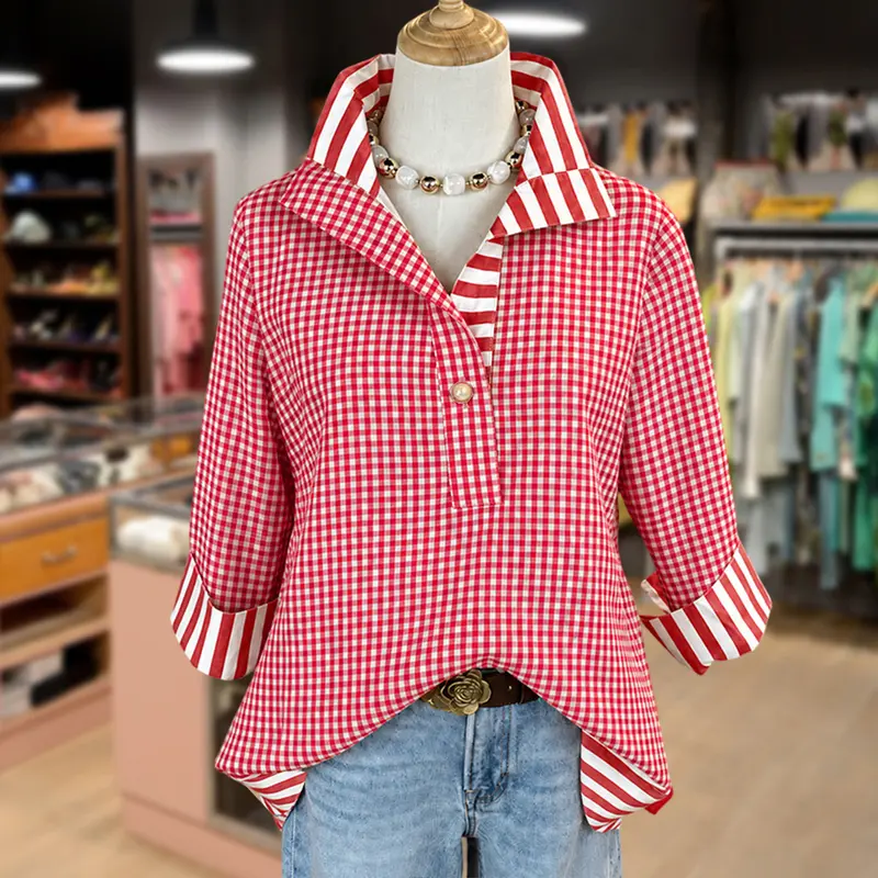 Cherrybetty 100%Cotton Classic Gingham Pattern Striped Collar Three Quater Sleeve Blouse Going Out Tops Summer Tops Plussize Clothes For Women Summer Outfits Women