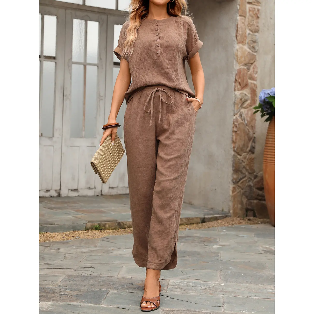 Women’s 2 Piece Loungewear Set, Short Sleeve Henley Top & Drawstring Casual Pants Outfit